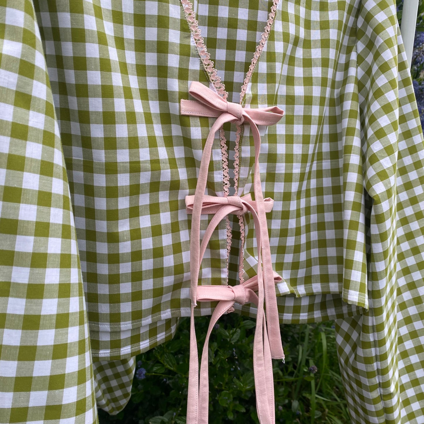 Green Gingham Tie Front Blouse